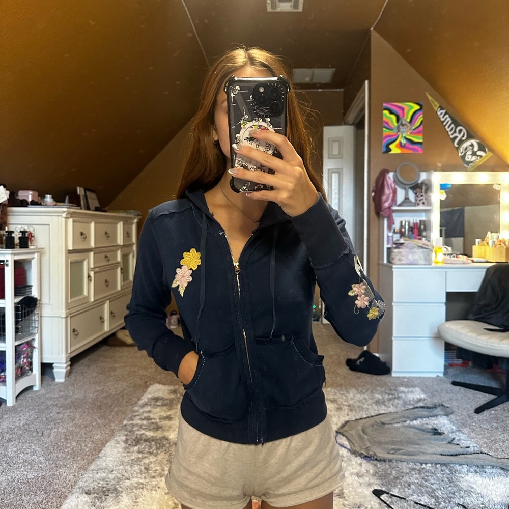 Elegant Floral Embroidered Navy Jacket